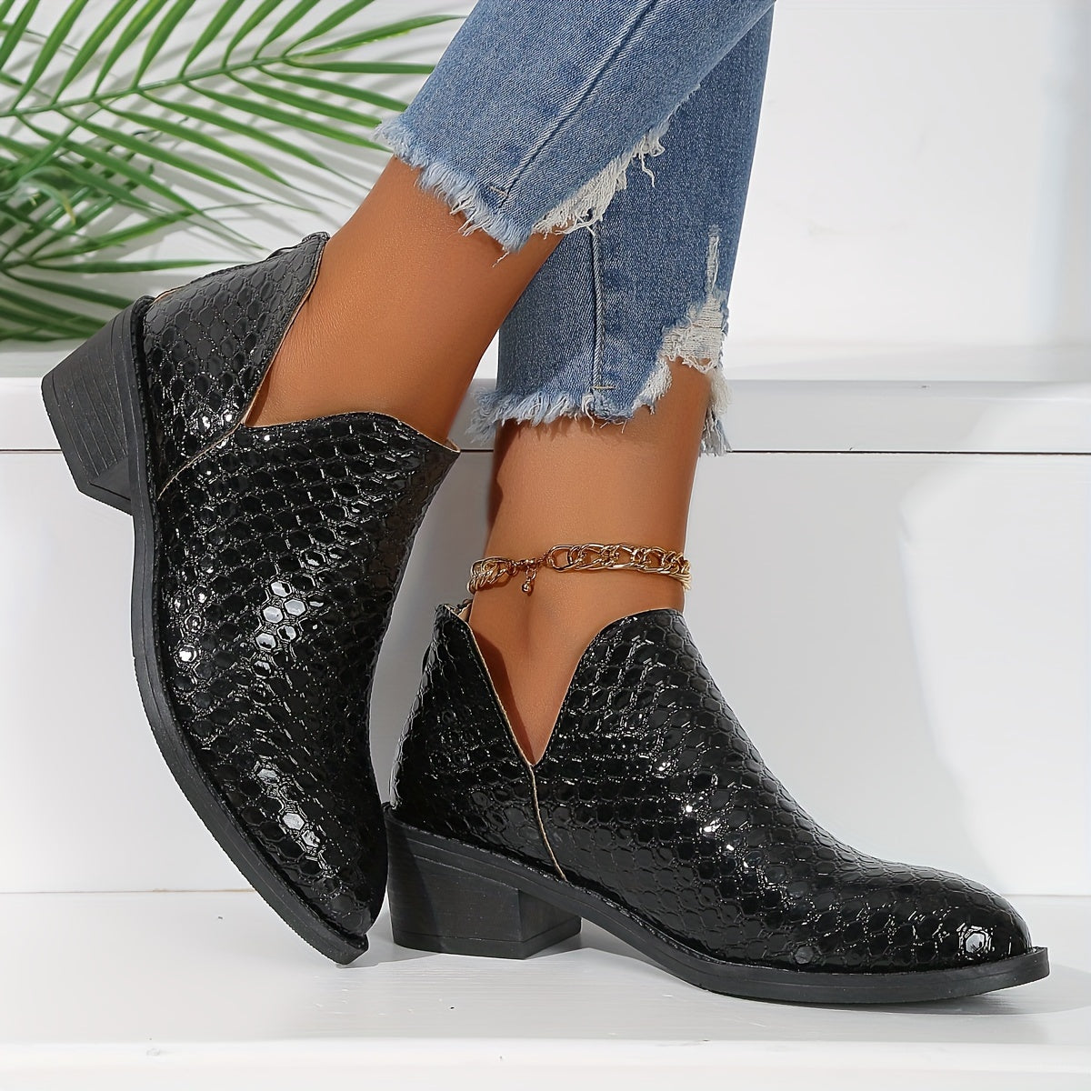 Women's Faux Leather V-Back Zip Ankle Boots with Block Heel and Round Toe
