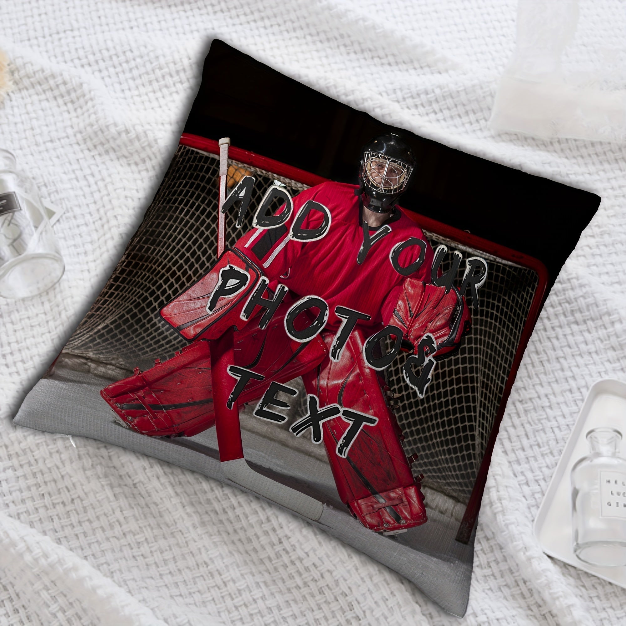 Ice Hockey Photo Pillow Cover 45.72x45.72cm Short Plush Single-Sided Personalized Gift