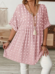 Women's Plus Size V-Neck Batwing Sleeve Blouse Stretchy Polyester Black White Dot