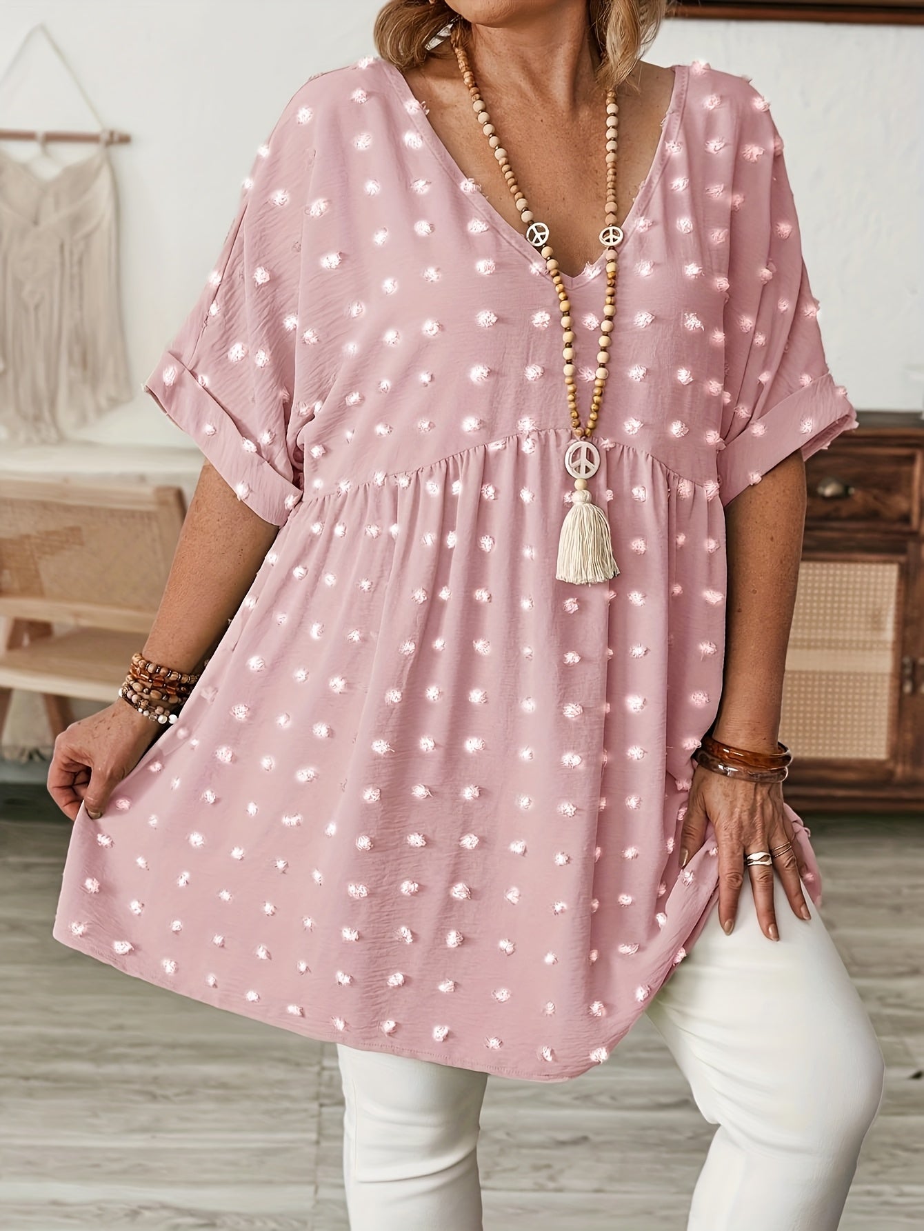 Women's Plus Size V-Neck Batwing Sleeve Blouse Stretchy Polyester Black White Dot