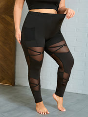 Plus Size Knitted Leggings with Mesh Pocket and Ring Buckle