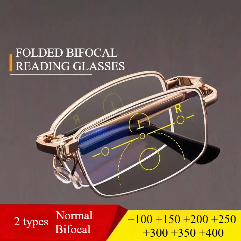 Foldable Gold Dual Light Reading Glasses with Bifocal Lenses in Metal Frame