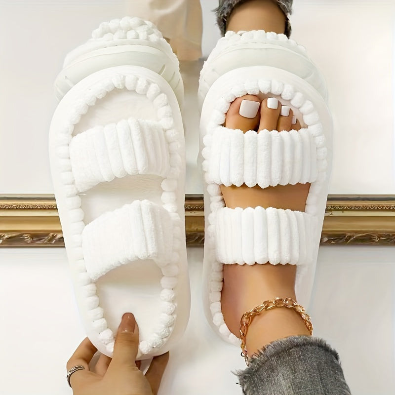 Women's Plush Slippers Open Toe Non Slip Indoor Platform Slides