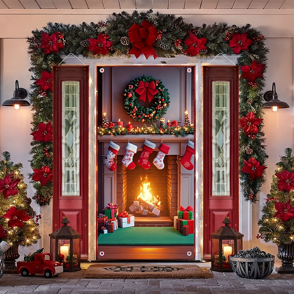 Multi-Functional Christmas Fireplace Door Cover Polyester Festive Decor