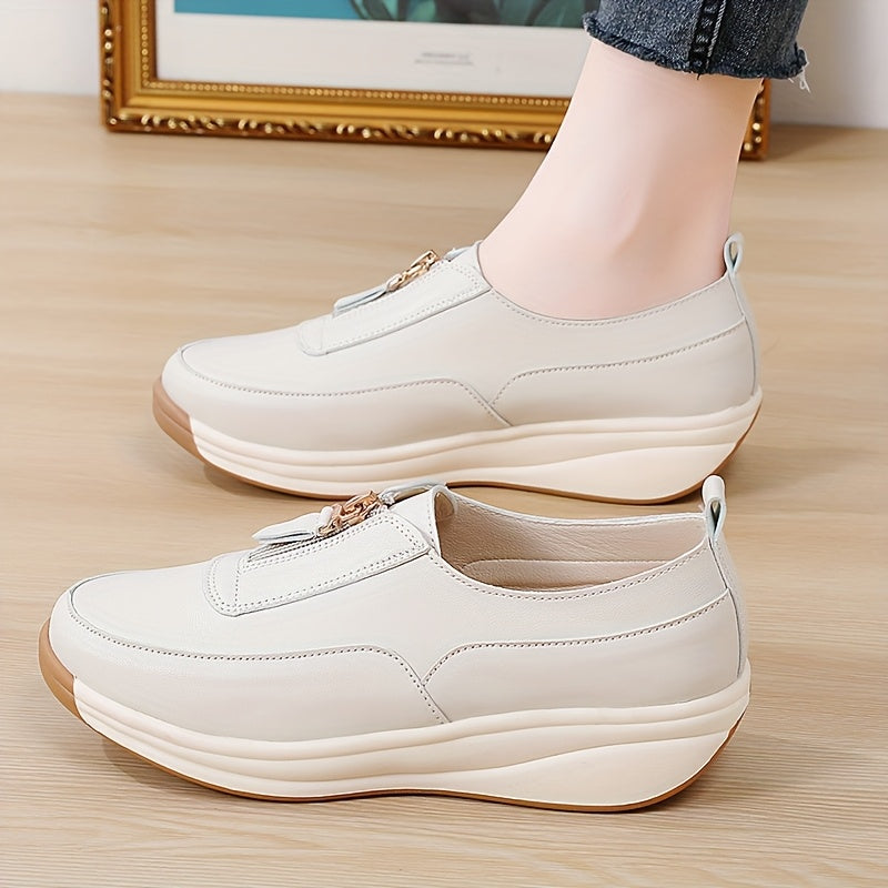 Women’s Zipper Sneakers White Brown Two-Tone Casual Shoes