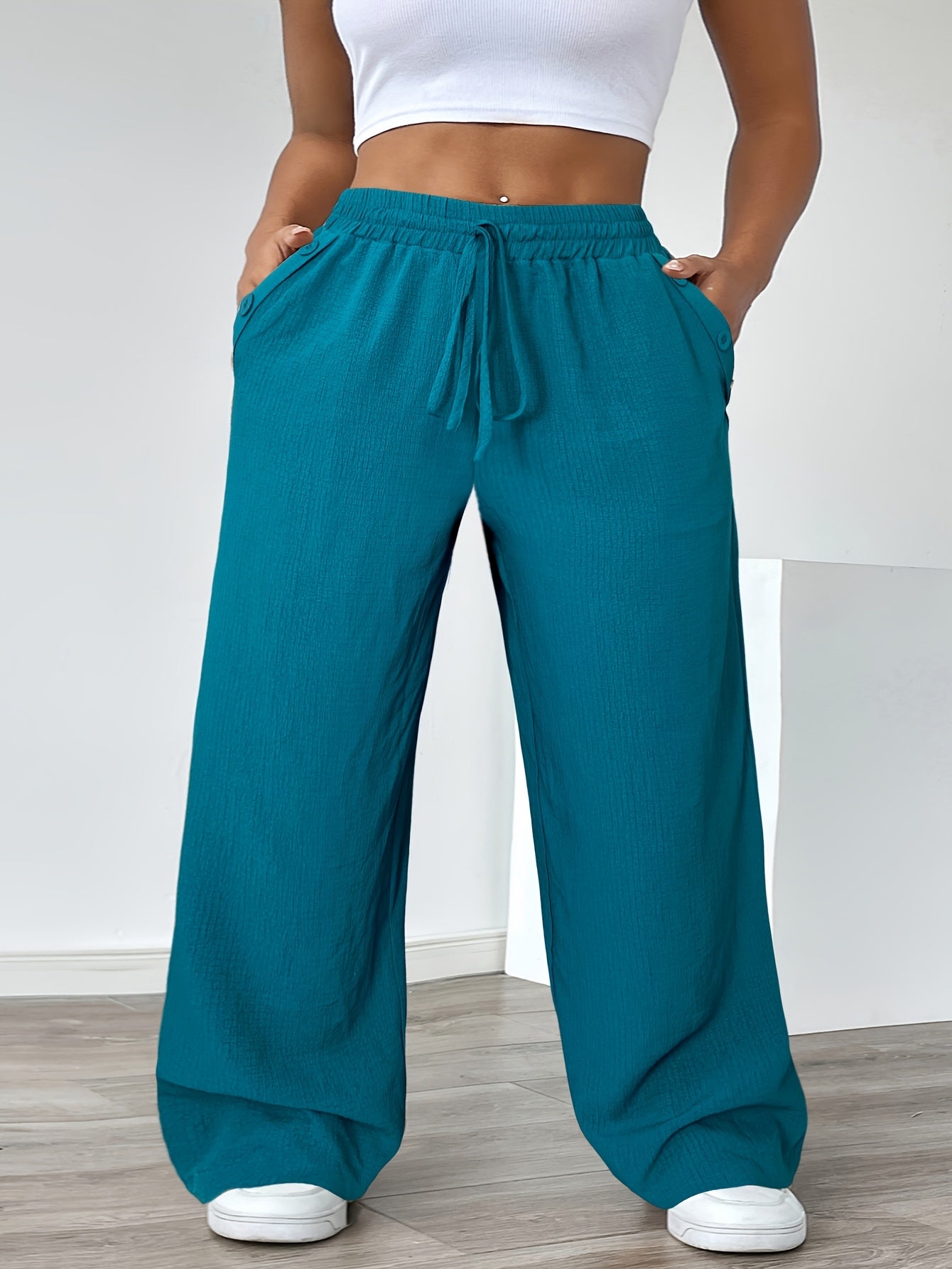 Women's Plus Size Casual Straight Pants with Lace-Up Detail, Solid Color
