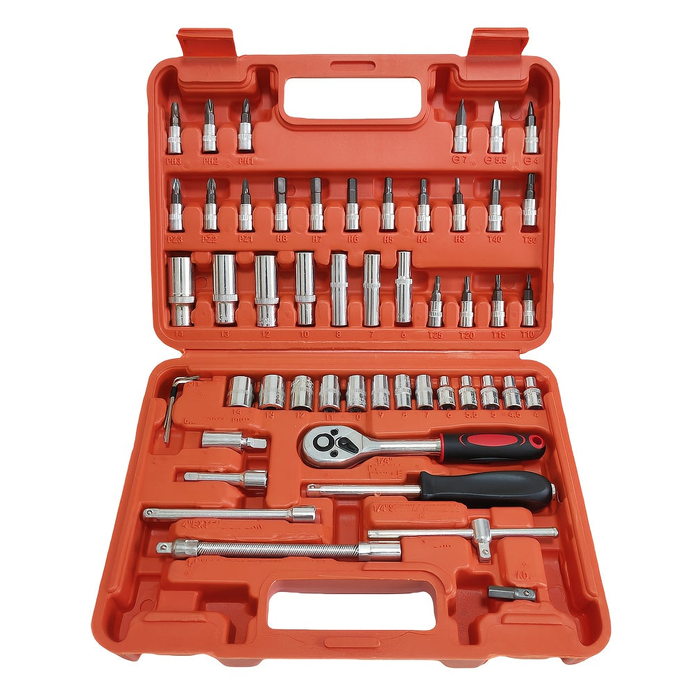 Juego de llaves de vaso de acero cromo vanadio de 46 piezas con carraca, juntas universales, extensiones y adaptador para taladro para reparación automotriz y del hogar