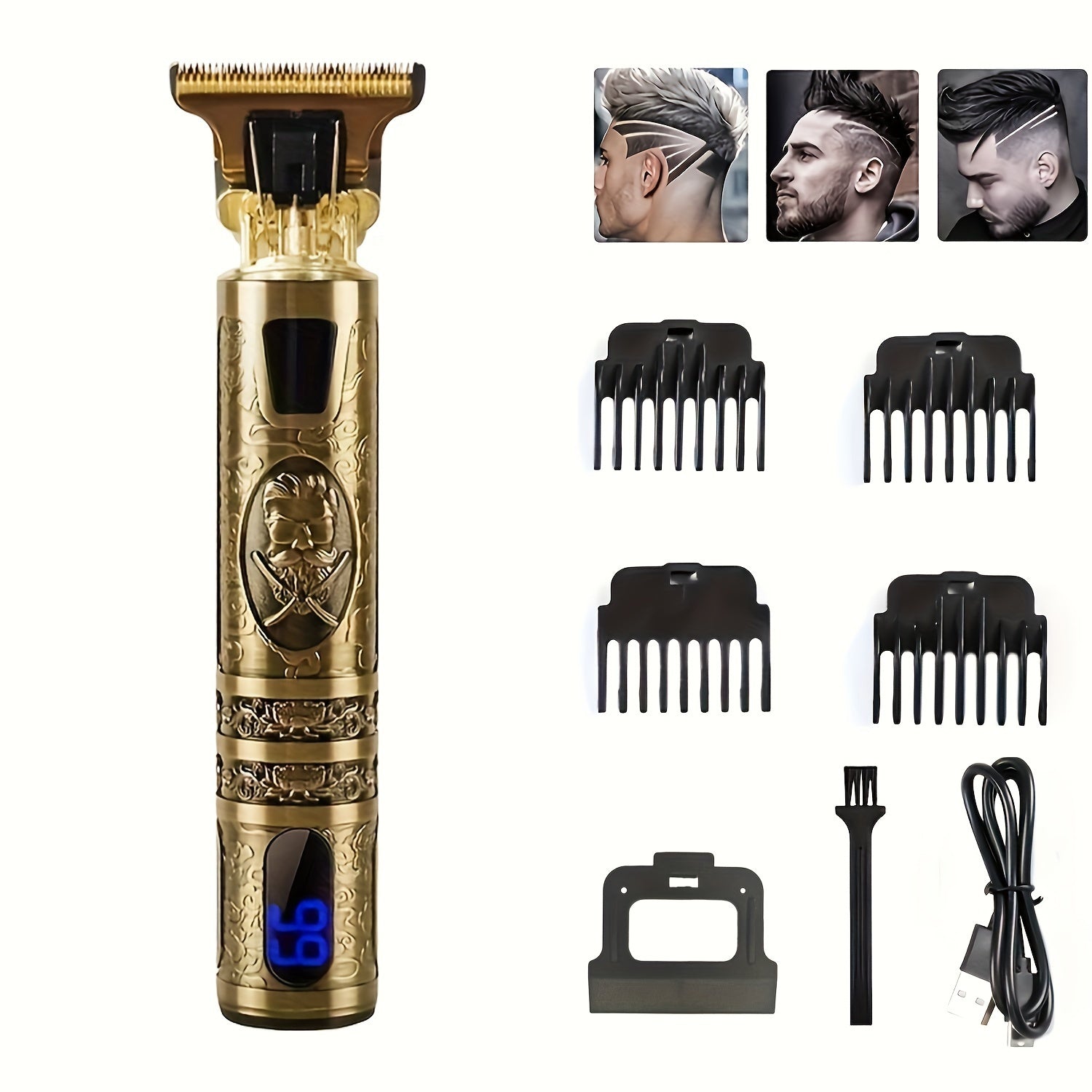 Blue Light LCD Hair Clipper with USB Charging and Mythical Beast Designs
