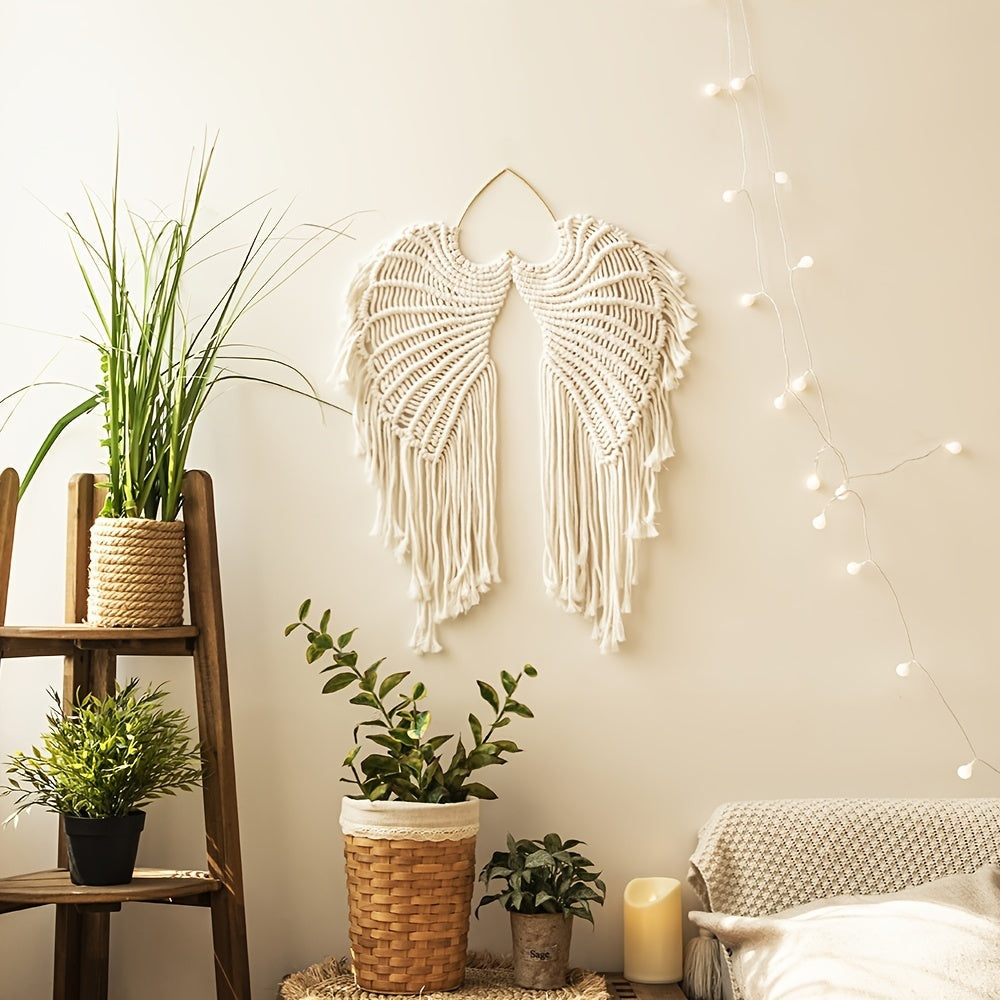 Handmade Macrame Wall Hanging Angel's Wing Design with Long Tassels Bohemian Cotton Home Decor