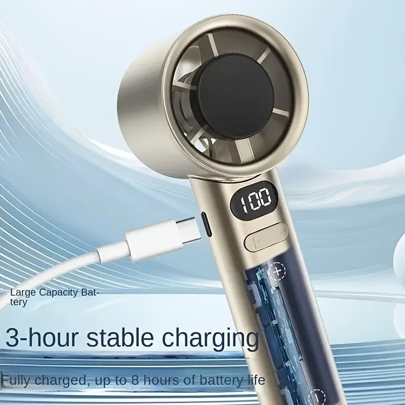 Compact USB Rechargeable Handheld and Desktop Fan with Digital Display High-Speed Turbofan Stepless Speed Beige Blue