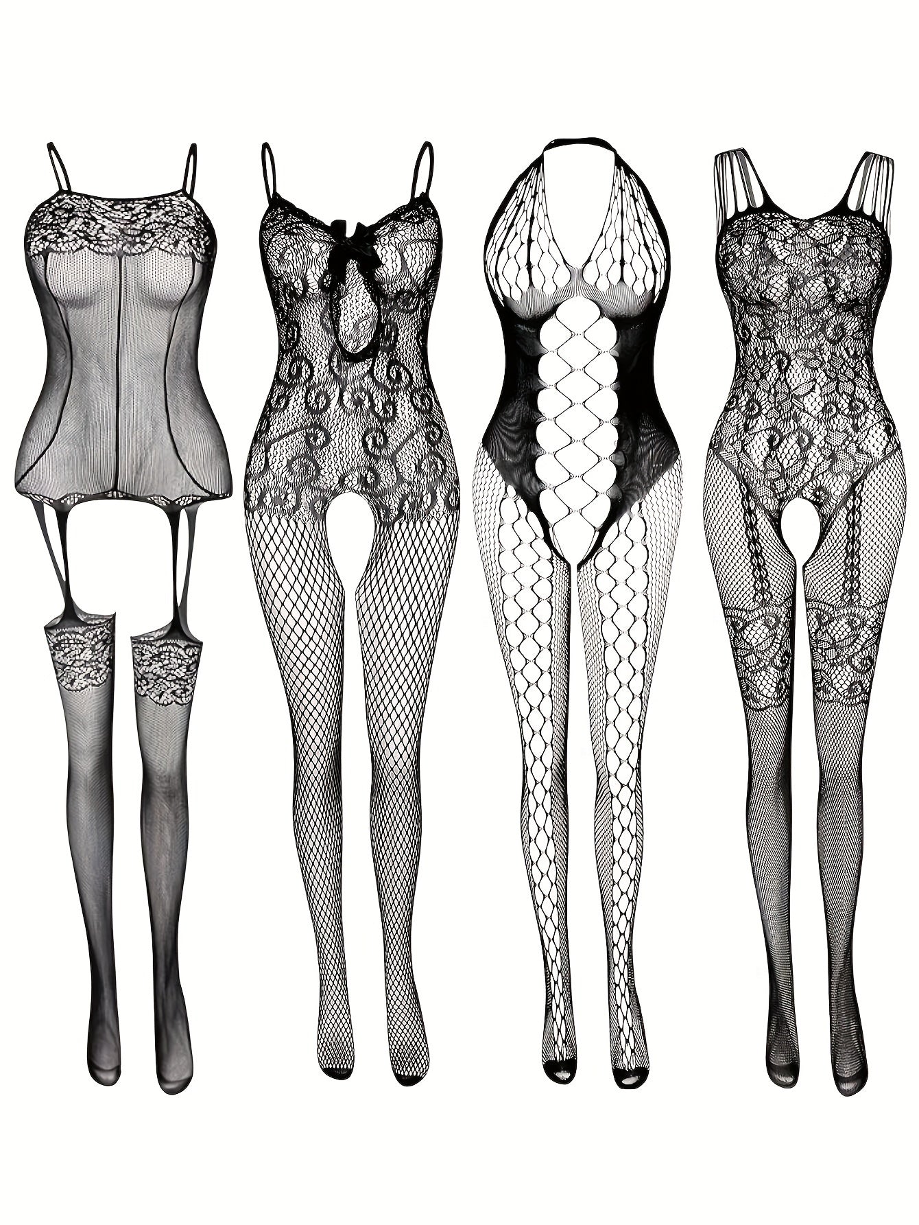 Women's Plus Size Fishnet Bodystocking Open Crotch Stretchy Lingerie Pack of 4