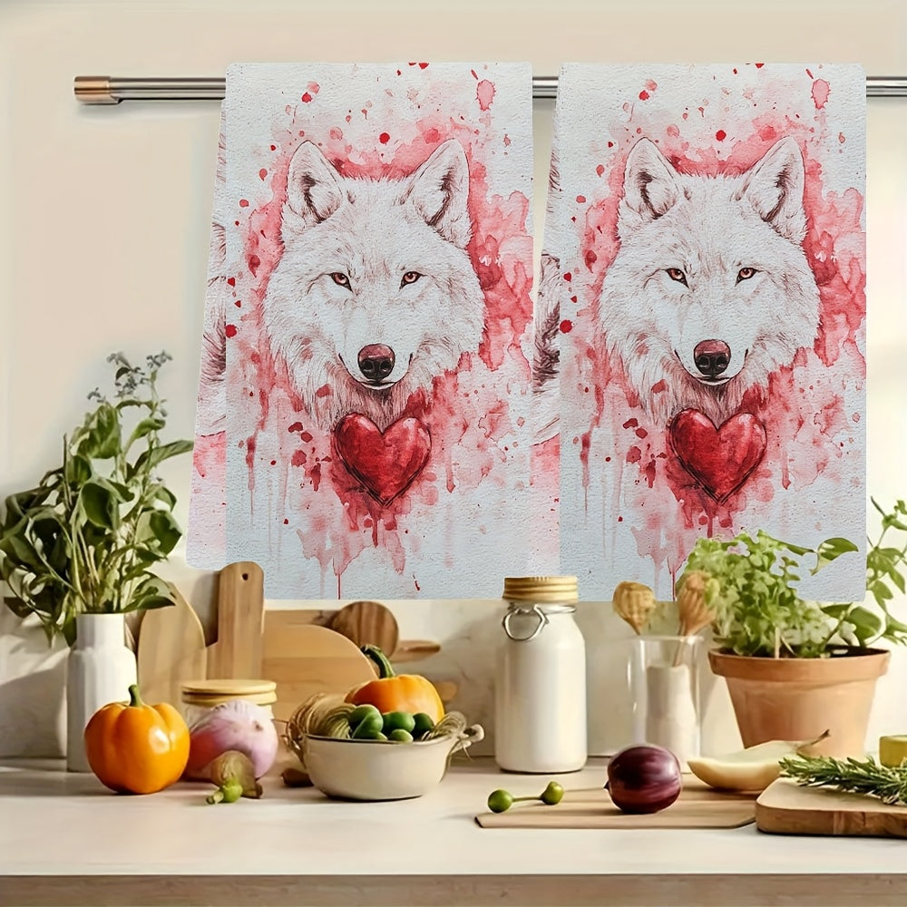 Qizil yurak bilan Valentine’s Day Wolfy dizayni bilan 2 ta oq oshxona sochiq to'plami