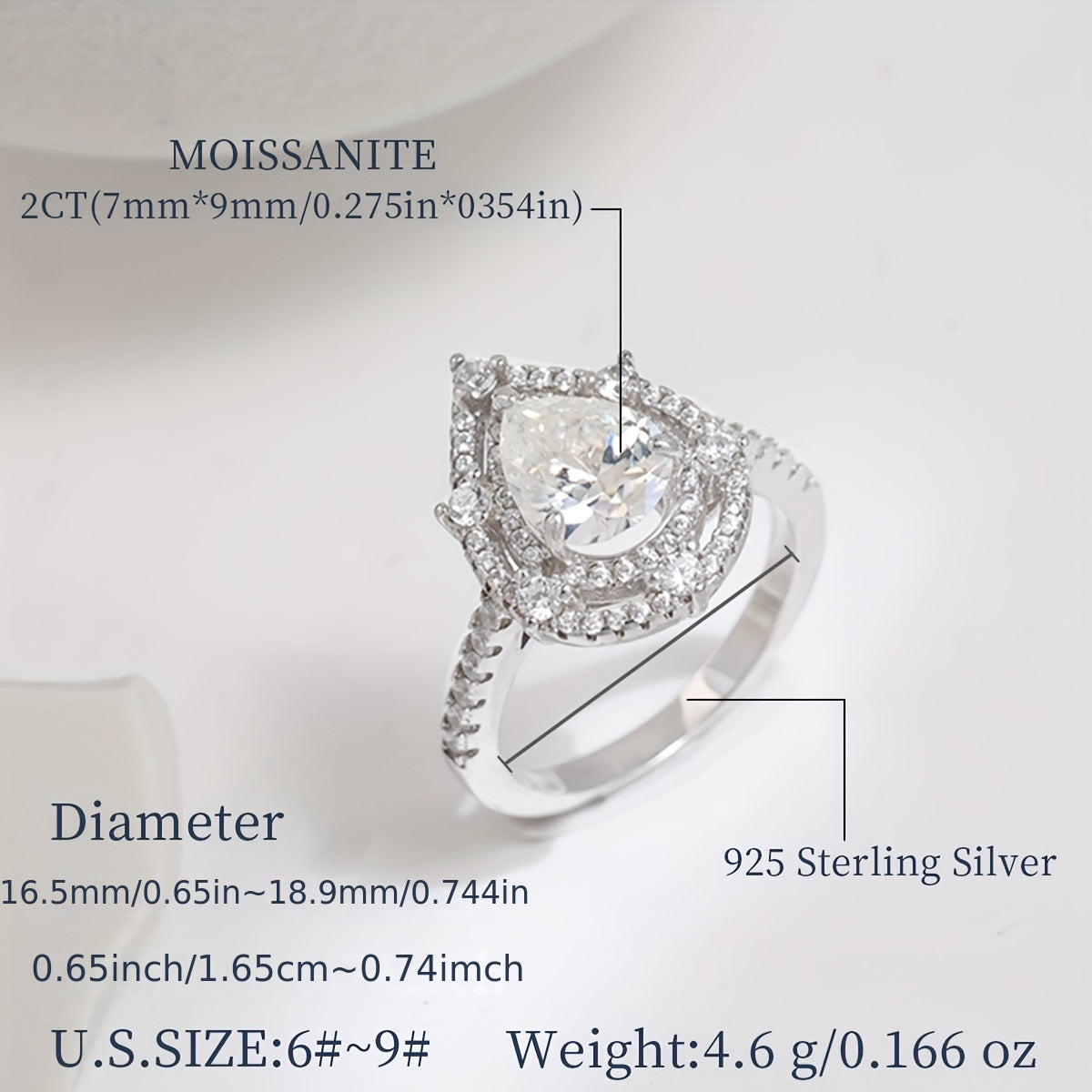 Sterling Silver 2ct Pear Shaped Moissanite Water Drop Ring for Women Engagement Wedding