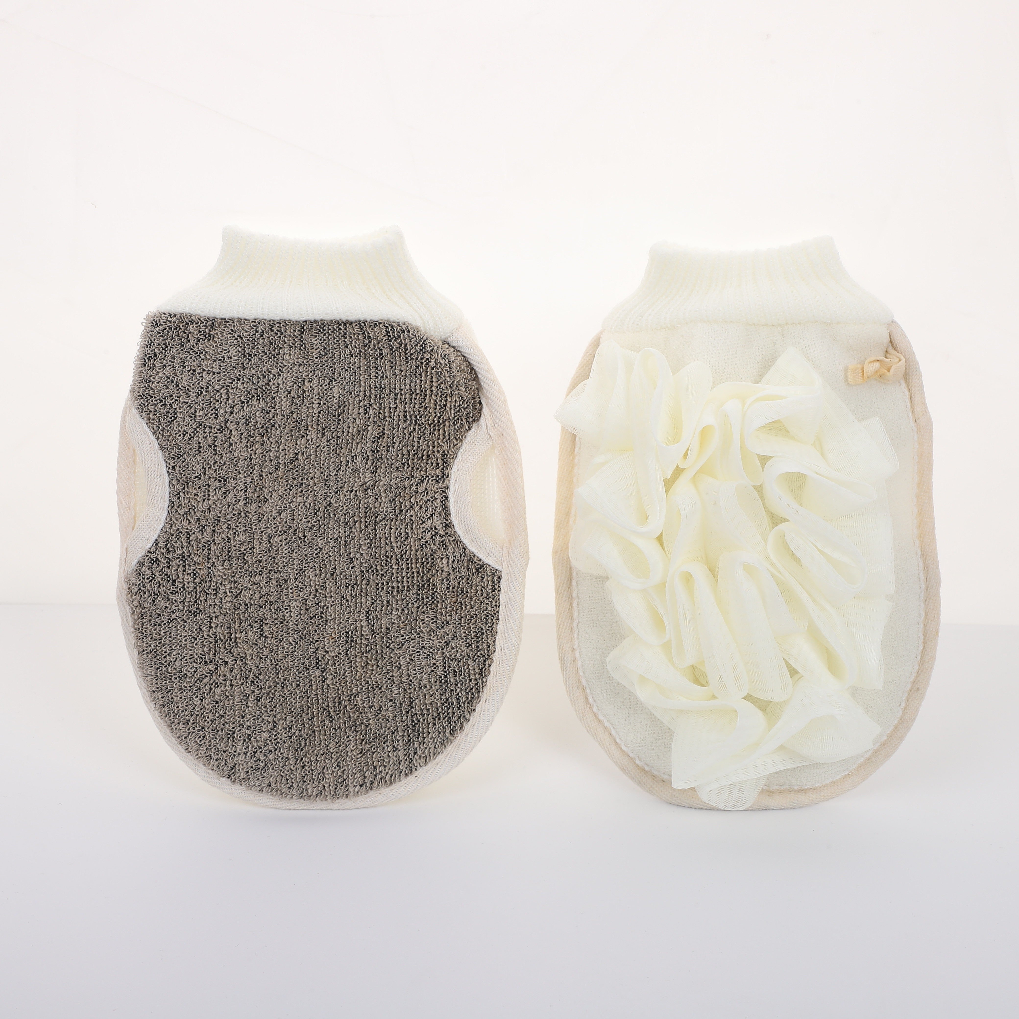 Guante exfoliante de doble cara para hombres y mujeres con puño fruncido para cuidado de la piel en la ducha