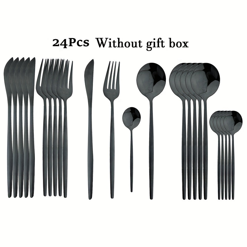 24-Piece Black Handle Gold Stainless Steel Cutlery Set for Kitchen Dining