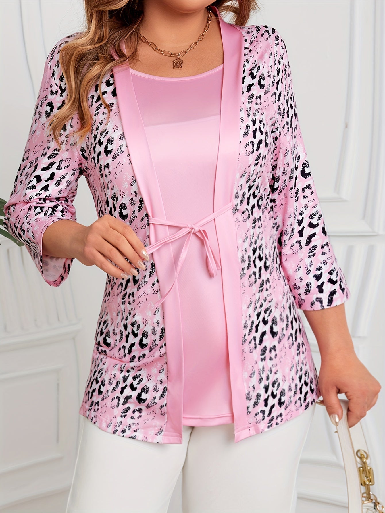 Plus Size Leopard Print Long Sleeve T-Shirt Casual Tie Front Top