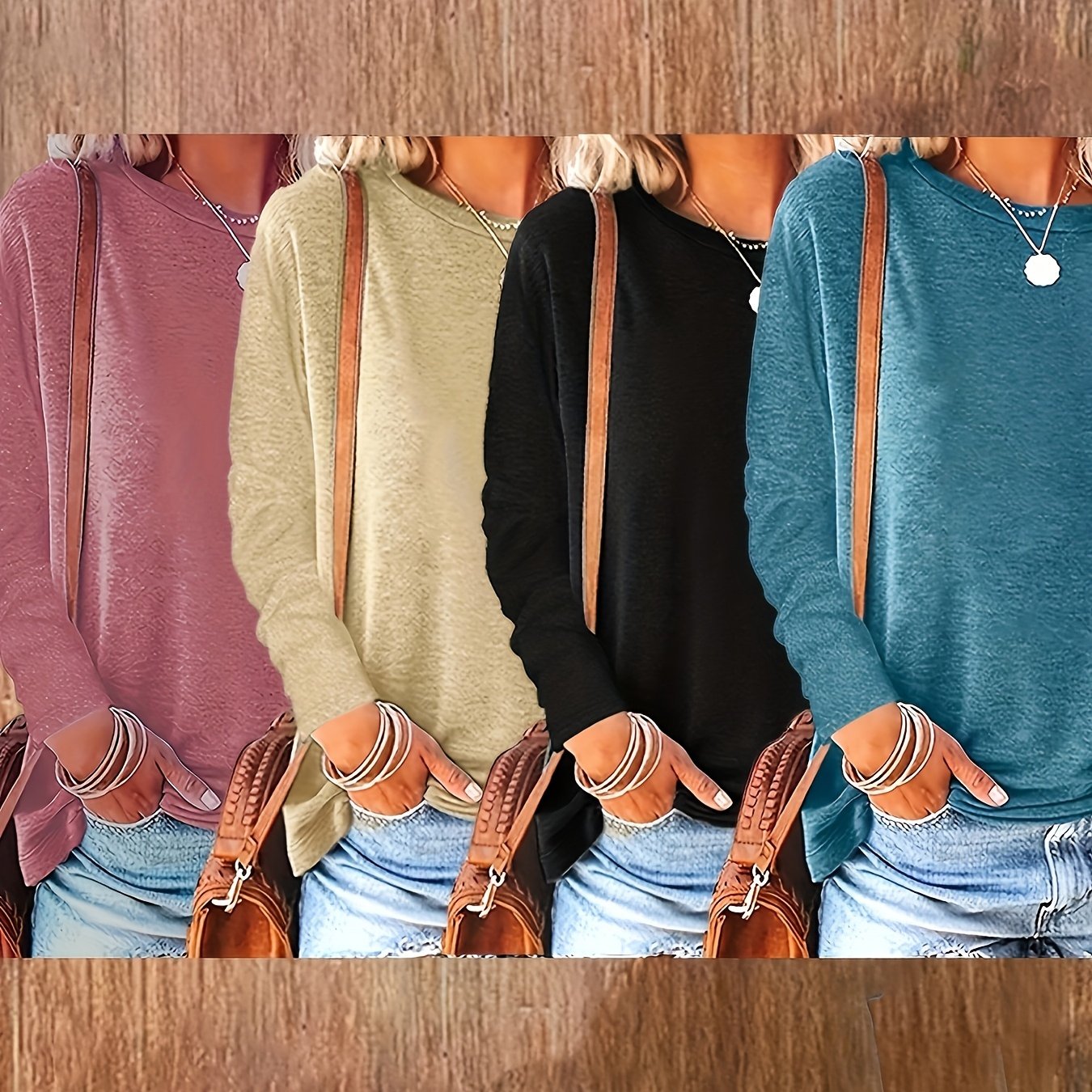 Women’s Long Sleeve Crew Neck Tops 4-Pack, Solid Polyester Rayon, Loose Fit