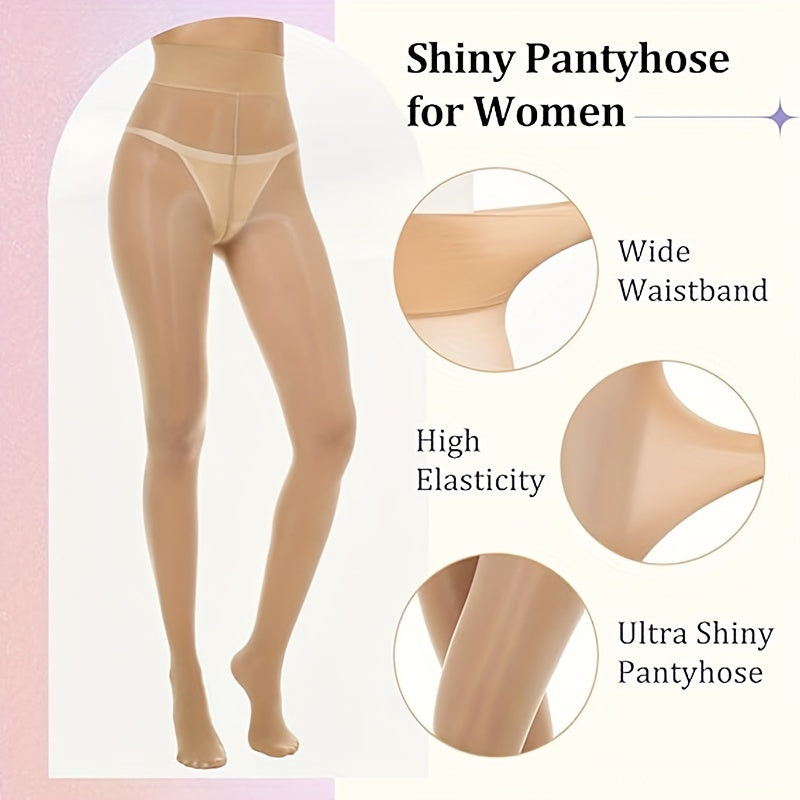 Women Shimmer Tights with Shiny Oil Finish High-Waisted Shaping 2 Pairs