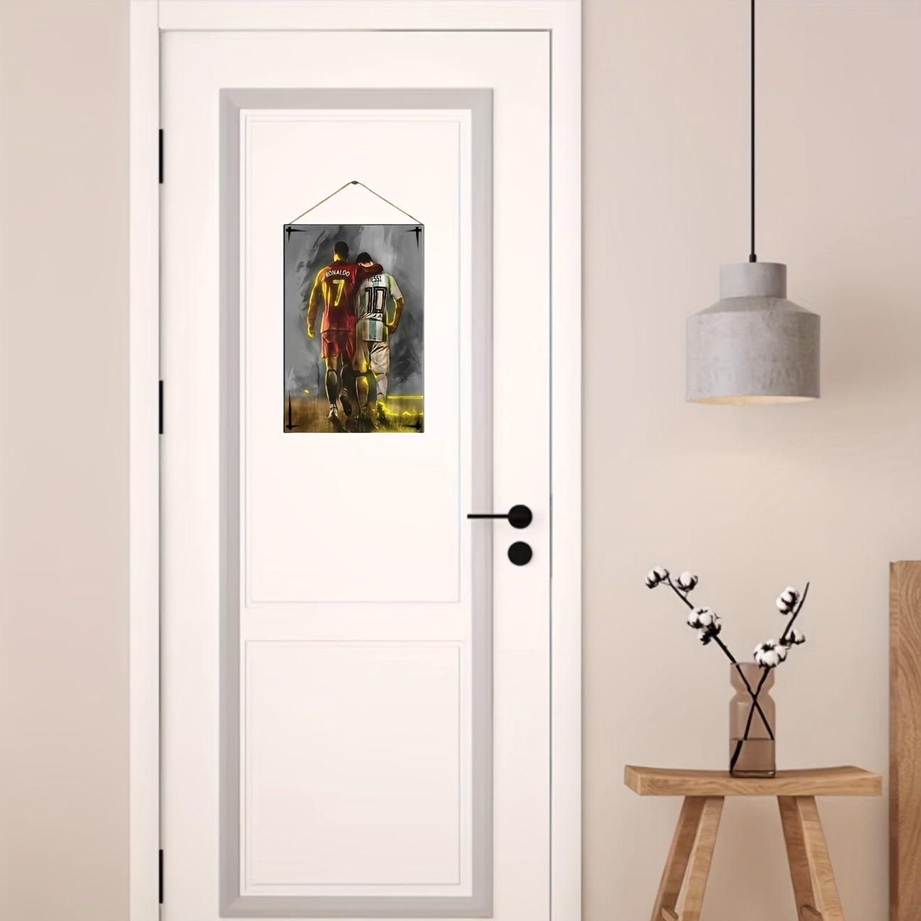 Wooden Wall Plaque Featuring Messi and Ronaldo for Living Room or Study Decor 19.99cm x 13.46cm