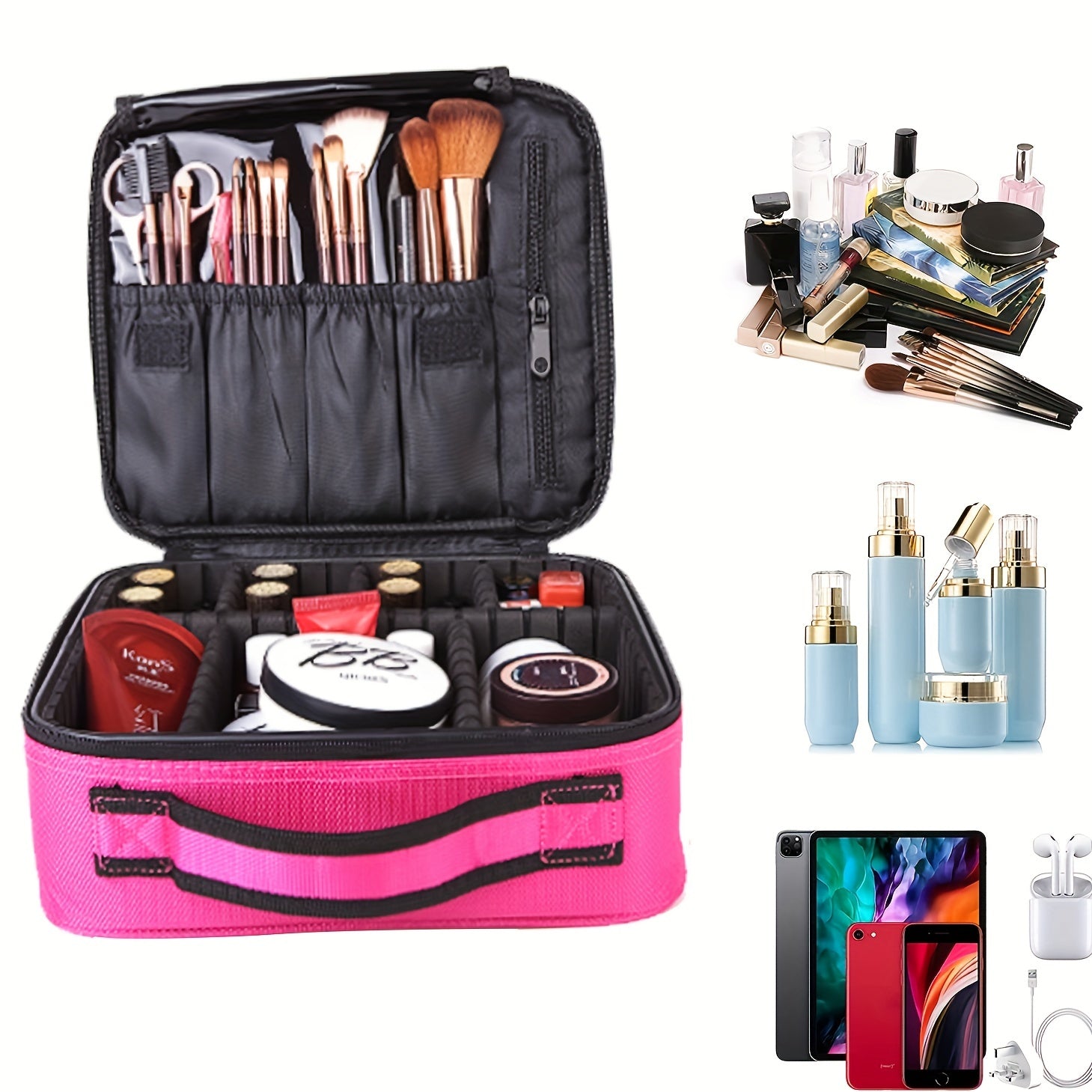 Bolsa organizadora de maquillaje impermeable negra con divisores ajustables para viajes