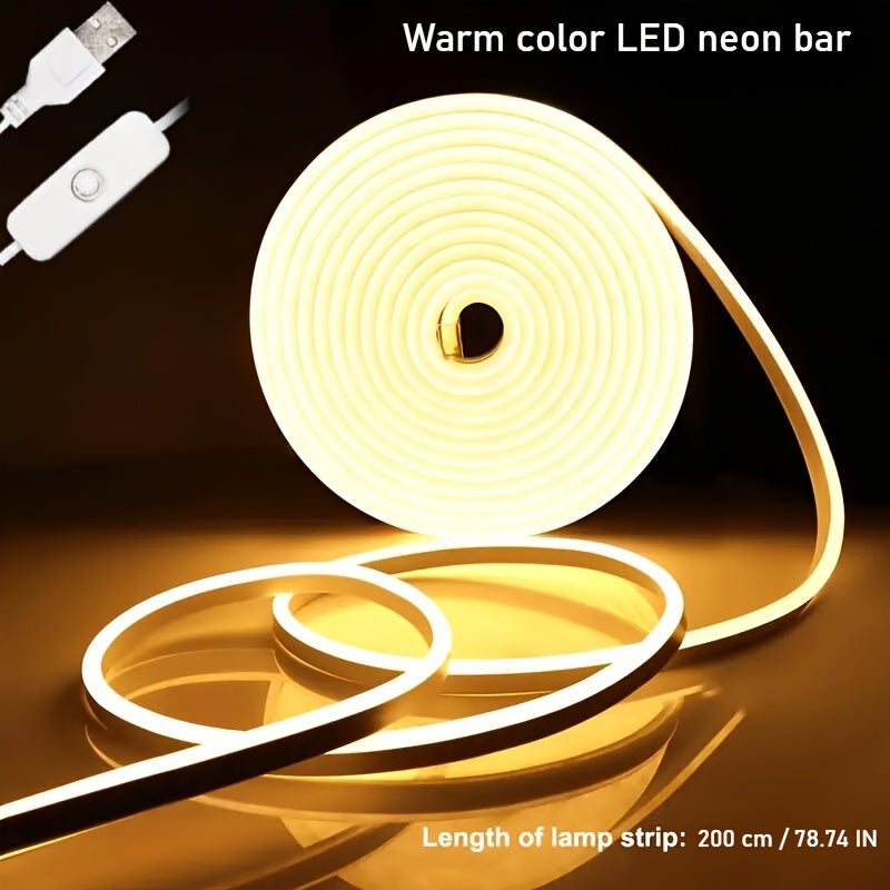 Светодиодная неоновая лента теплого белого цвета с питанием от USB, 200 см гибкого освещения с управлением кнопкой для различных пространств, не требует батареек или пульта.