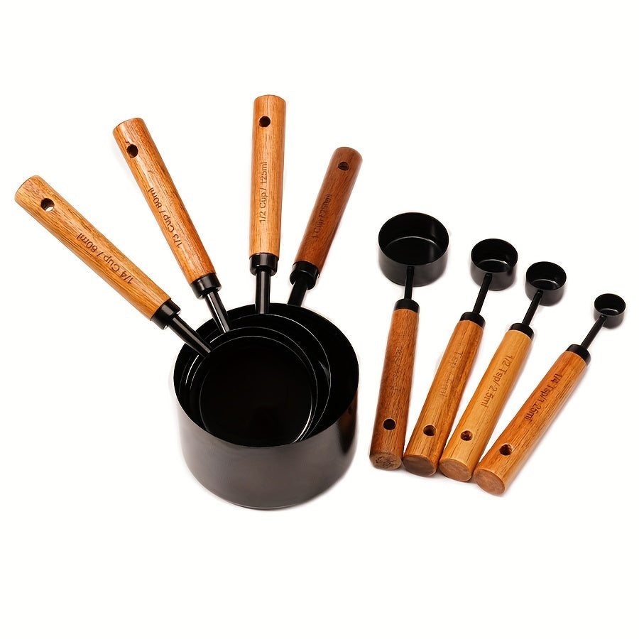 Set of 4 Stainless Steel Measuring Cups and Spoons with Wooden Handles
