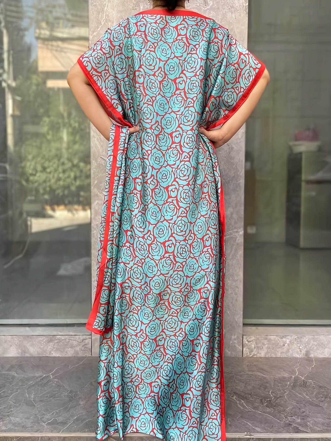 Women Plus Size Floral Print Tunic Dress With Scarf Short Sleeve Long Summer Polyester