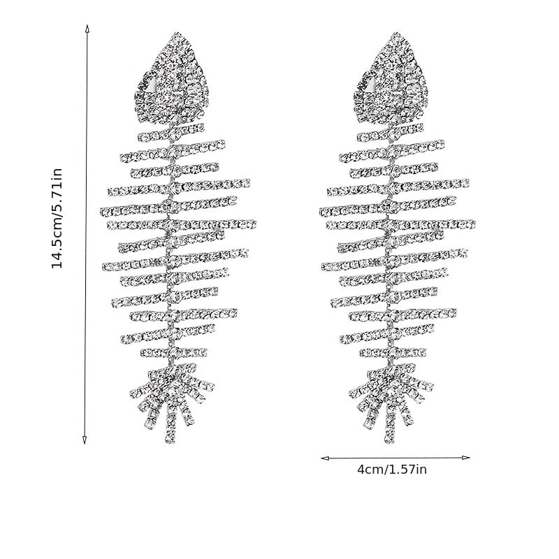 Women Rhinestone Fishbone Drop Earrings Long Dangle Alloy Jewelry for Parties Festivals