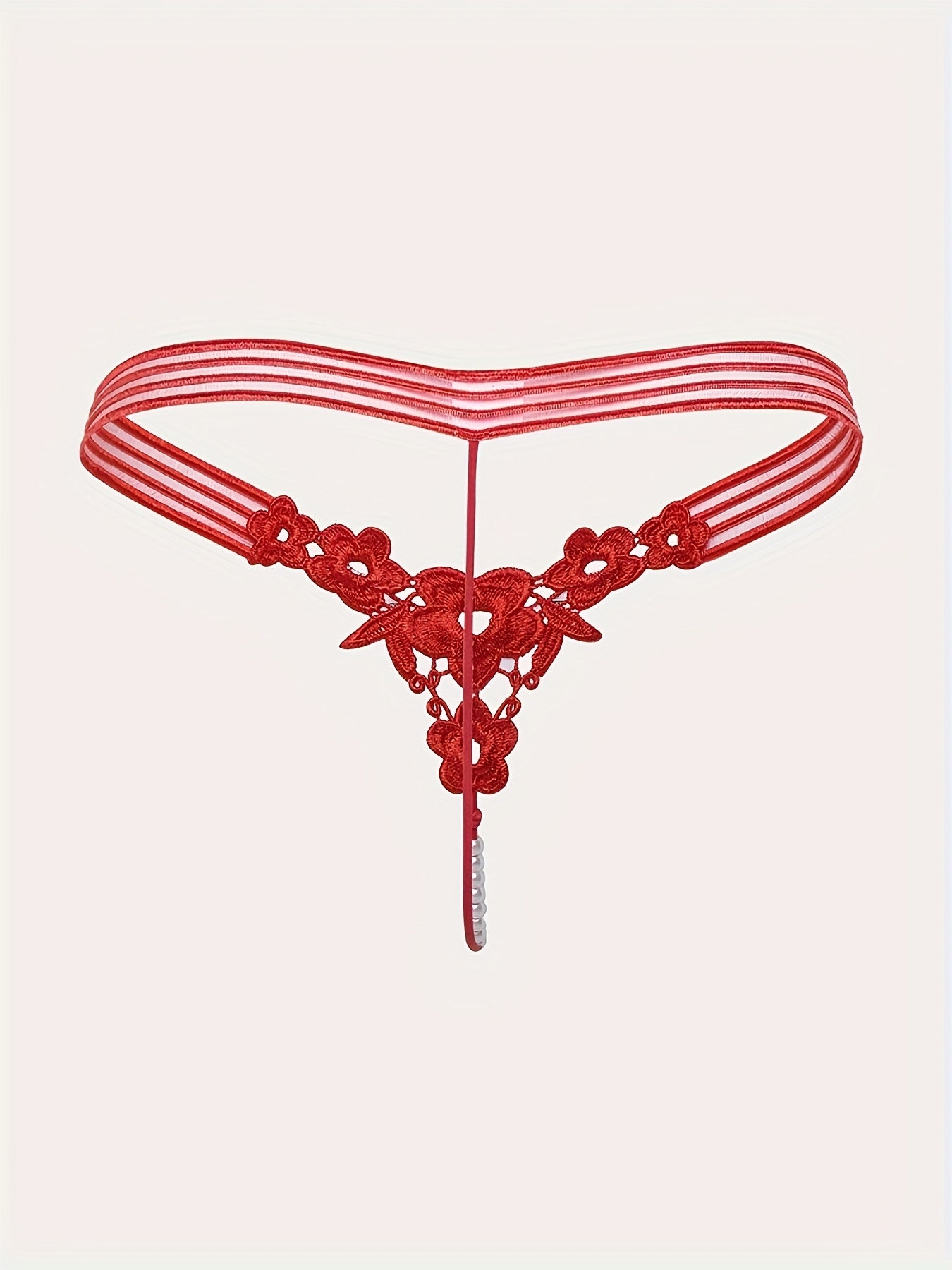Women's Red Polyester Knit Thong Panties with Embroidered V-String and Drop Waist