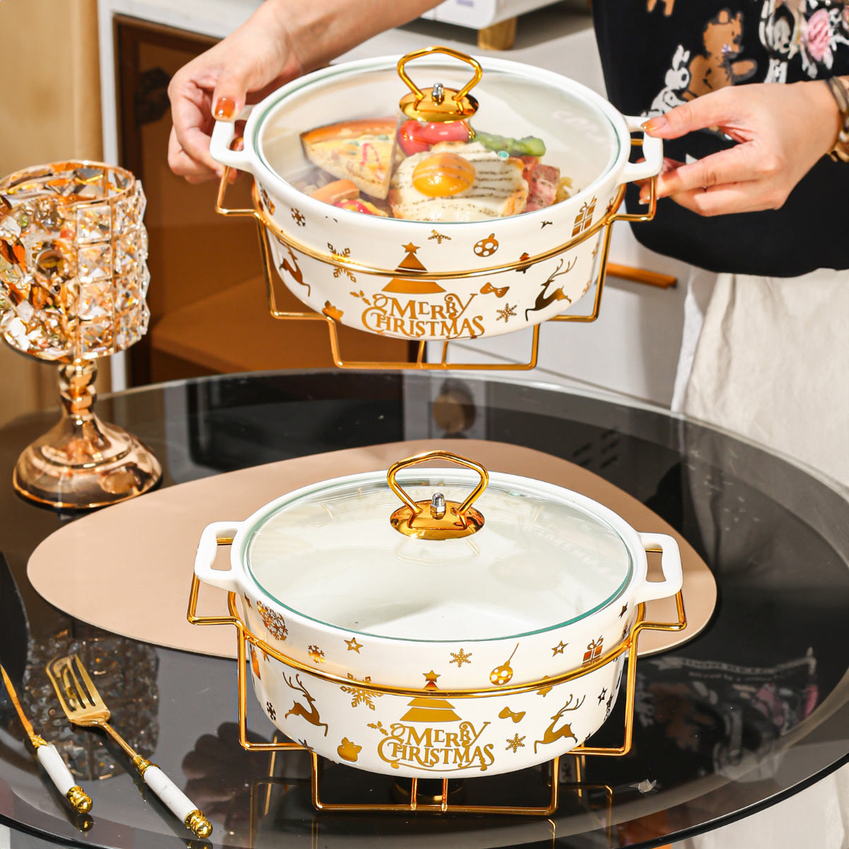 Christmas Ceramic Baking Plate and Insulated Pot Set for Baking and Cooking