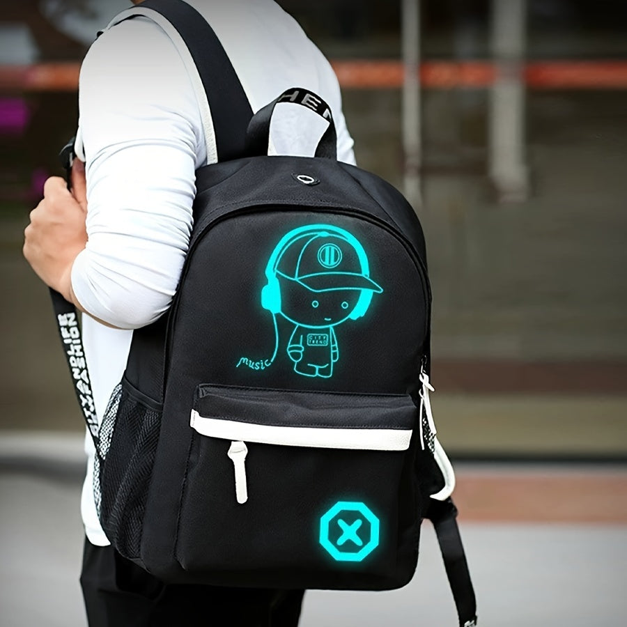 Glow-in-the-Dark Cartoon Backpack with USB Charging Adjustable Straps Zipper Closure