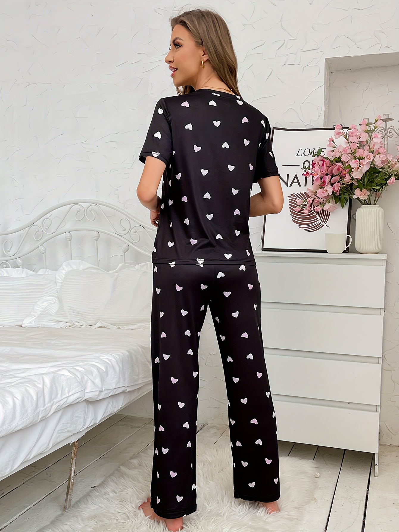 Women's Heart Print Pajama Set Short Sleeve Top Elastic Waist Pants Summer Sleepwear Loungewear