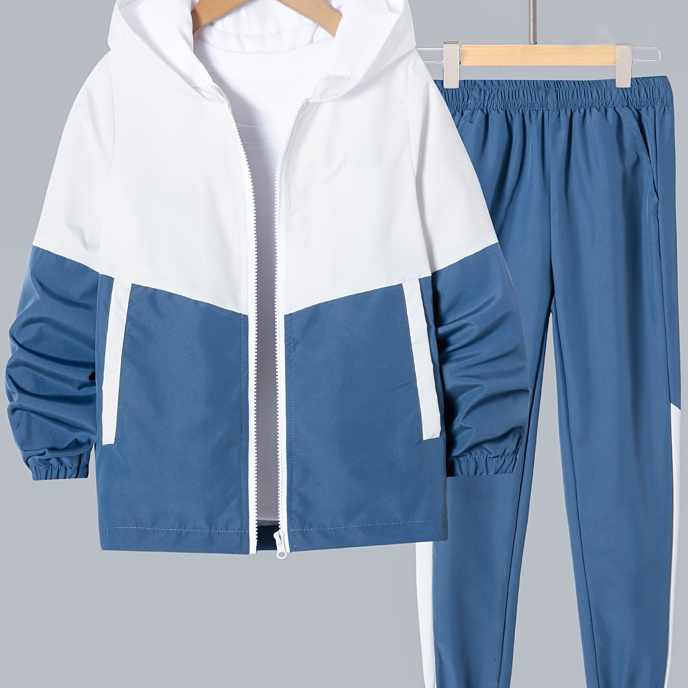 Boys' Color Block Hooded Tracksuit Set - 100% Polyester Long Sleeve Pockets Spring Fall