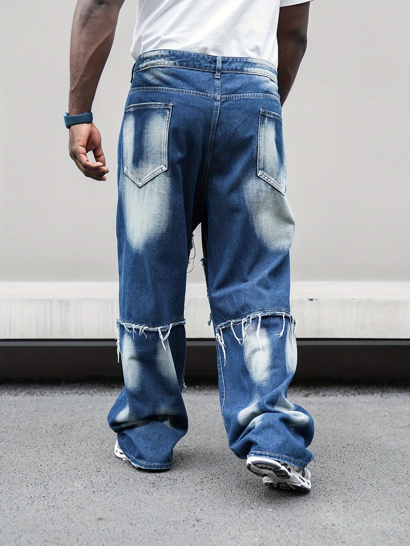 Erkaklar uchun Plus o'lchamdagi to'g'ri oyoqli denim shimlar, geometrik patchwork va yuvilgan to'liq rang