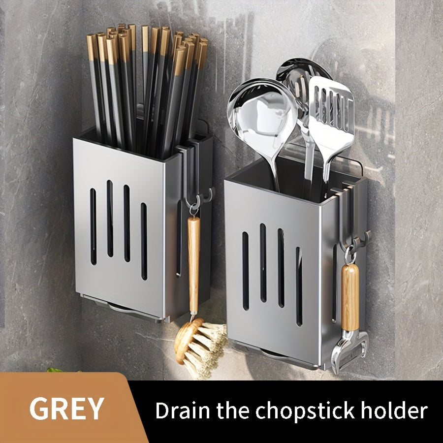 Wall-Mounted Plastic Utensil Holder with Drain Tray for Kitchen Storage