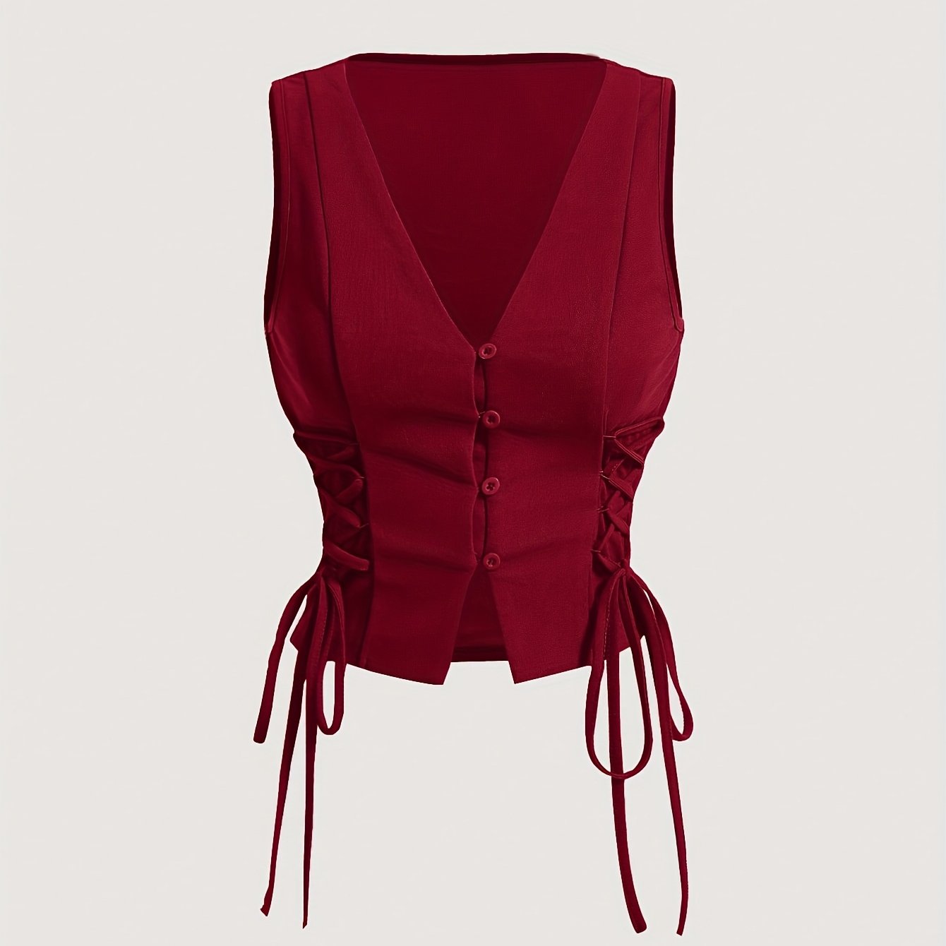 Women's Polyester V-Neck Sleeveless Vest with Button Front and Side Tie for Spring Summer Fall