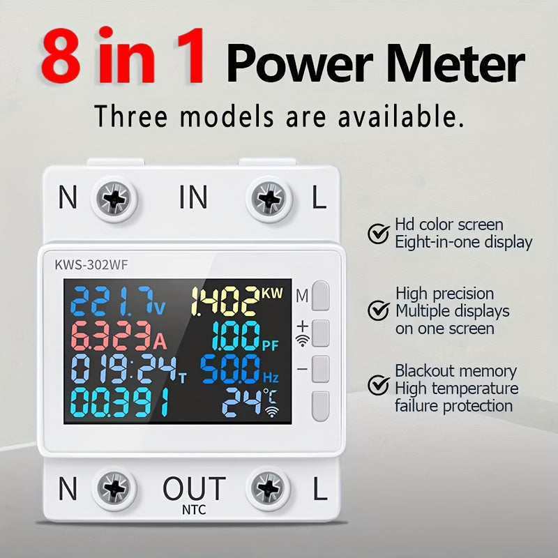 8In1 Din Rail AC Power Meter Voltage Current Power Factor Active Power 220V 63A