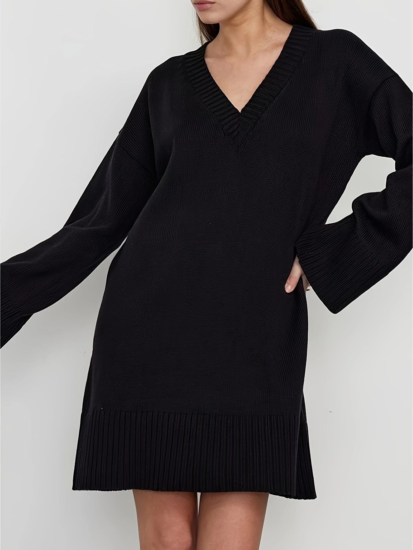 Women's V-Neck Long Sleeve Knitted Sweater Dress In Neutral Color