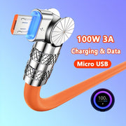 100W 3A Micro USB Fast Charging Data Cable Liquid Silicone Elbow 180° for Android Phones