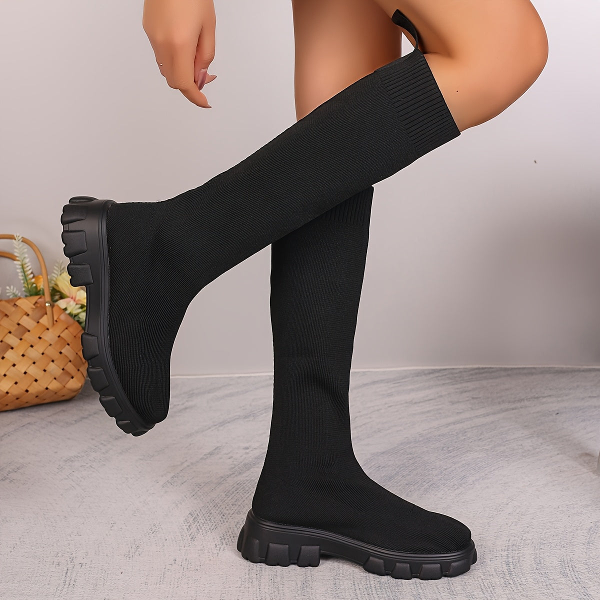 Women's Knee-High Sock Sneakers Black Platform Boots Breathable Fabric