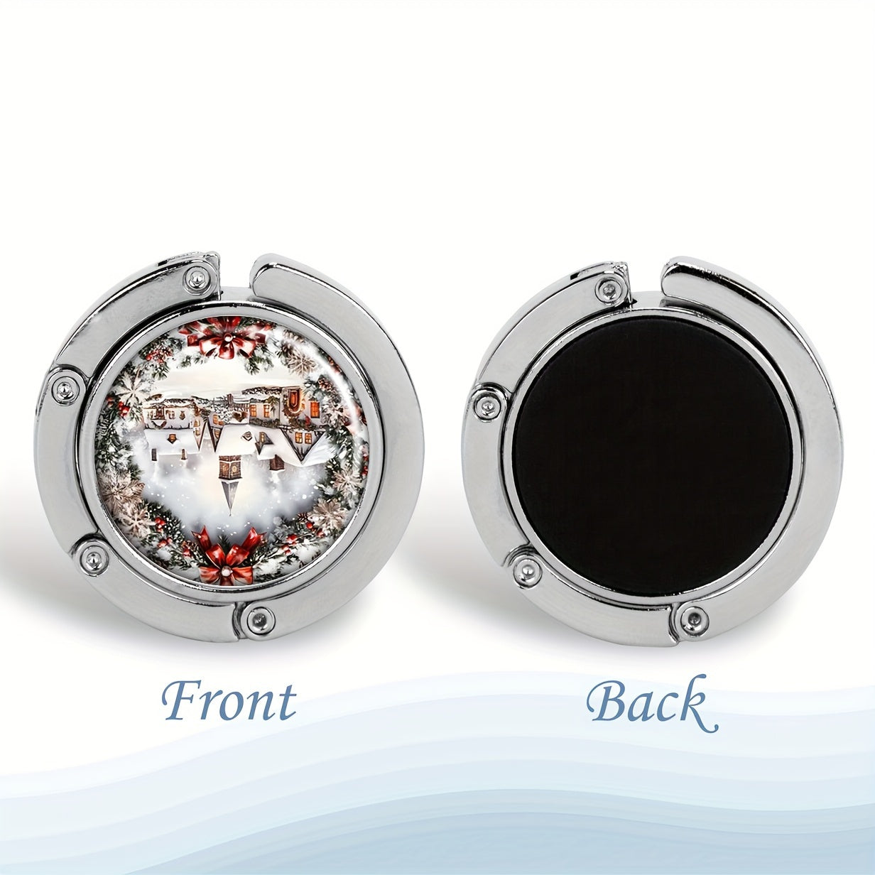 Gancho portátil para bolso plegable, accesorio de mesa con diseño de escena de pueblo navideño con nieve