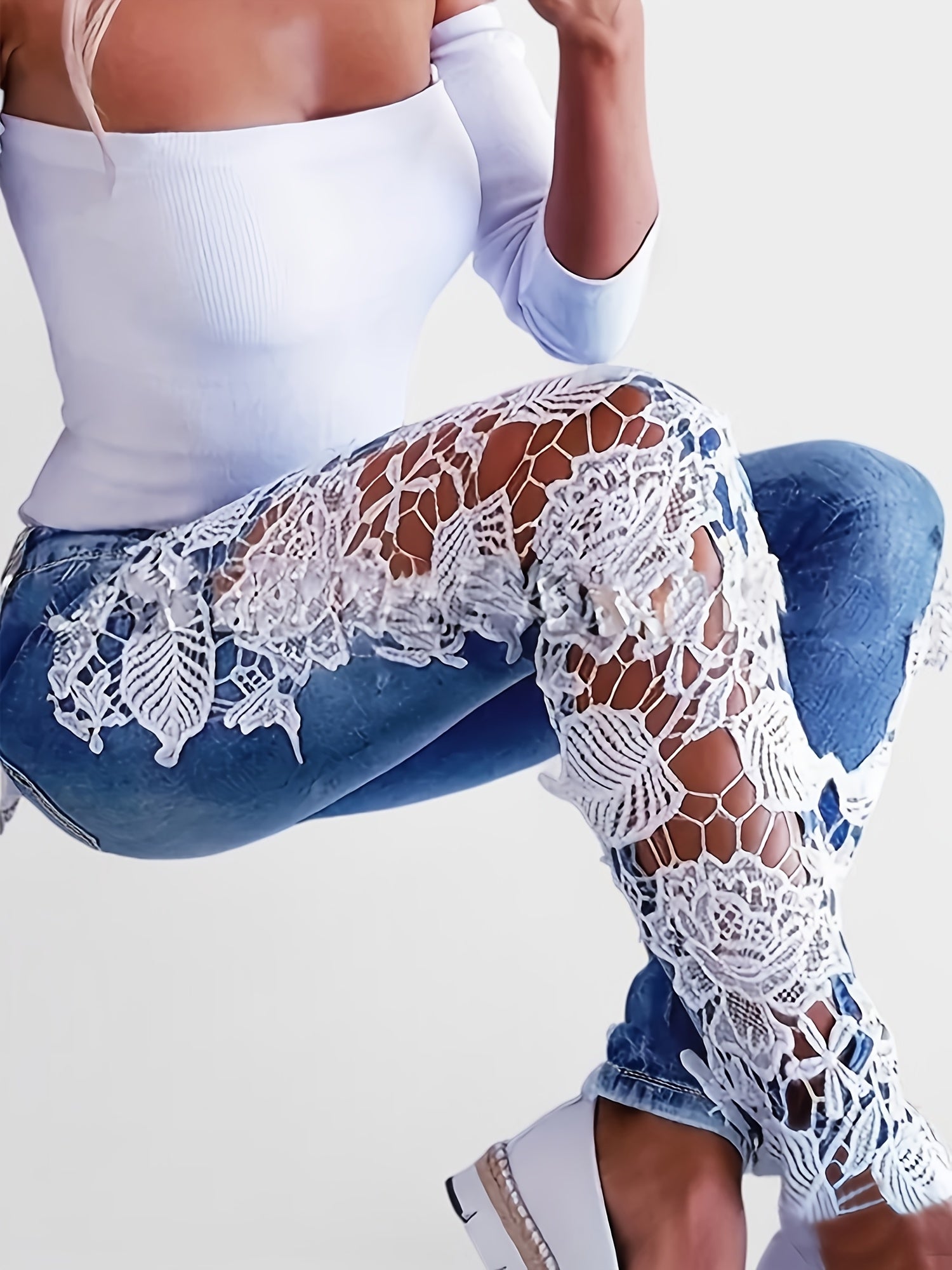 Women's Lace Hollow-Out Denim Jeans Casual All-Season Stretch Solid Color