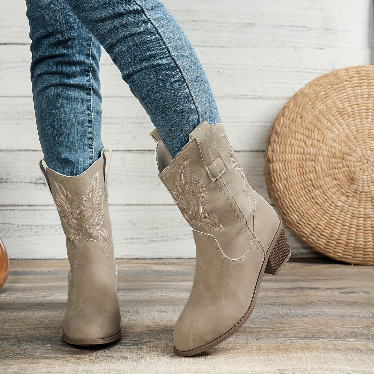 Women's Floral Ankle Boots Slip-On Mid-Heel Casual Faux Leather All-Season