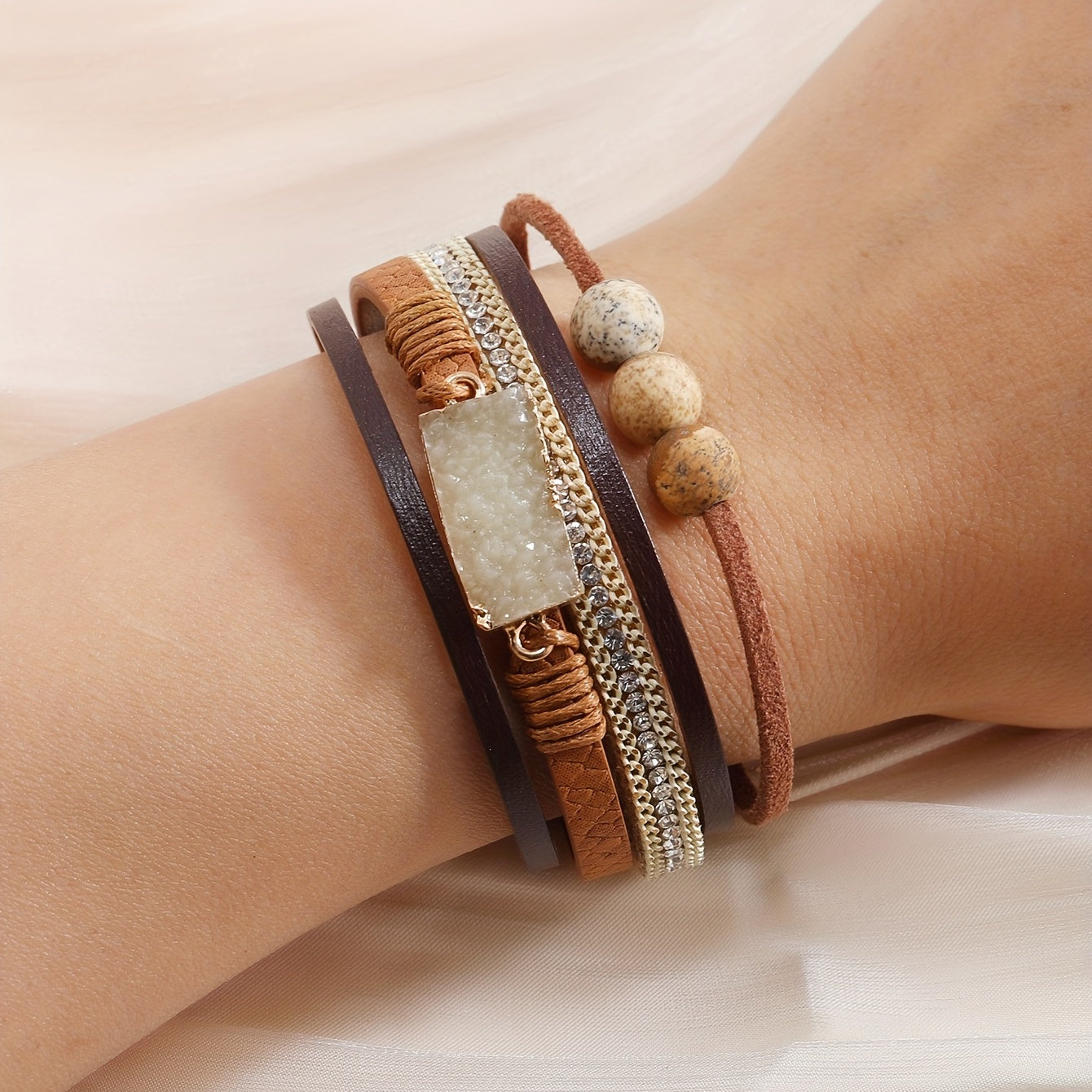 Bohemian Multi-Layer Faux Leather Bracelet with Rhinestone Resin Beads Magnetic Clasp Women’s Jewelry