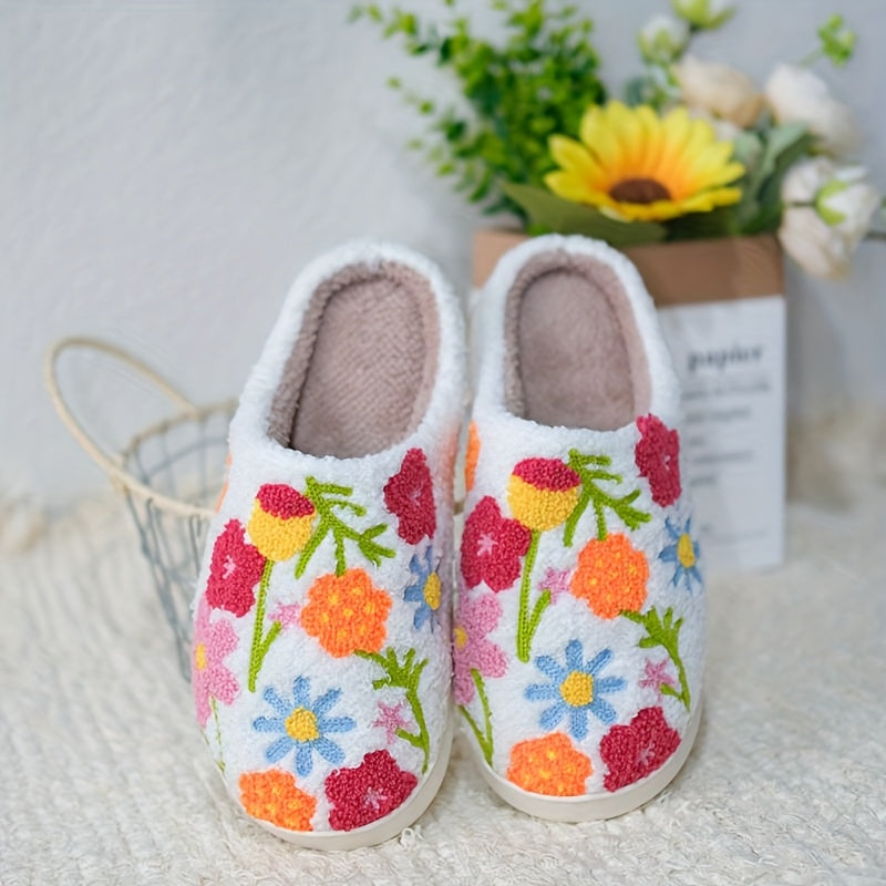 Unisex Plush Floral Indoor Slippers Warm Soft Winter TPR Sole