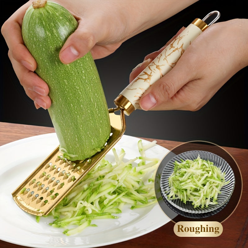Stainless Steel Kitchen Grater for Shredding Food with Safe Handle and Gold Finish