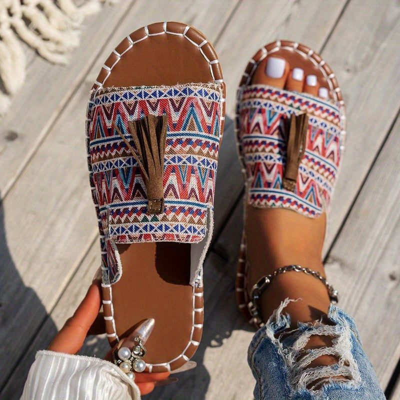 Women's Bohemian Tassel Sandals Open Toe Flats with Colorful Stripes