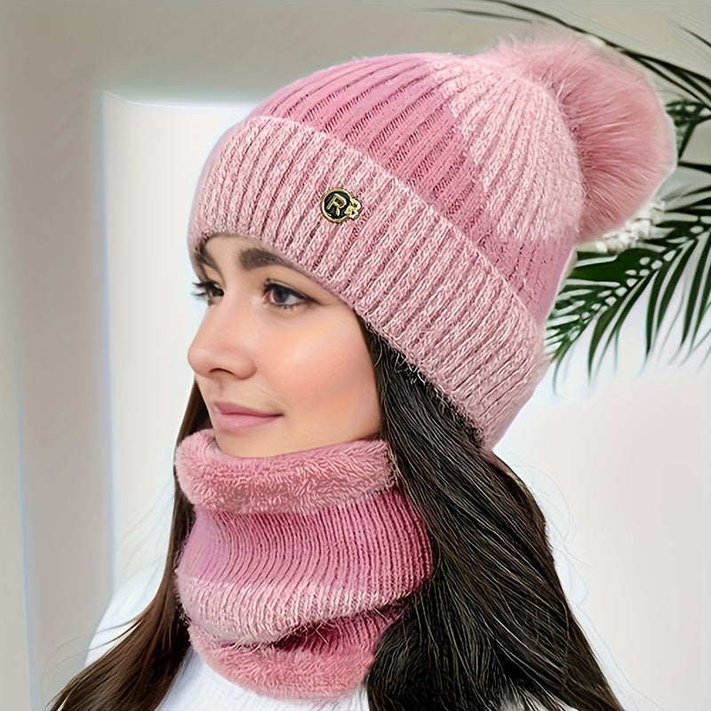 Women's Fleece-Lined Knit Beanie and Scarf Set Warm Winter Hat and Neck Warmer