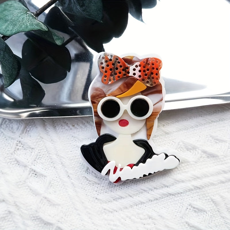 Stylish Acrylic Brooch with Red Glasses and Flower Design