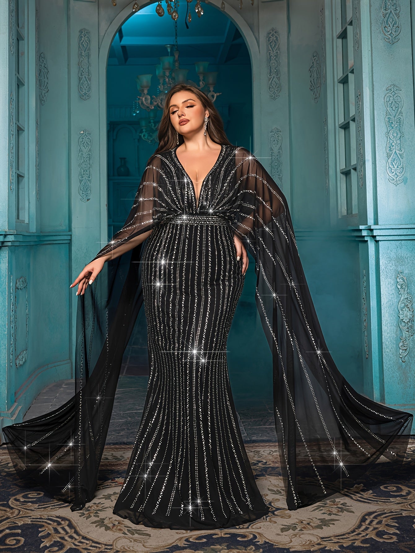 Plus Size Black Evening Dress Rhinestones Puff Sleeves Bow Neckline